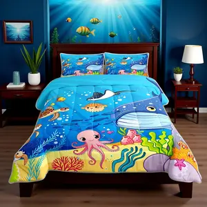 Marine Animals Comforter Setshark Octopus Turtle Coral Bedding Set,Underwater World Cartoon Quilt Set for Kids Teens Adults Room Decor,Sea Blue Duvet Insert