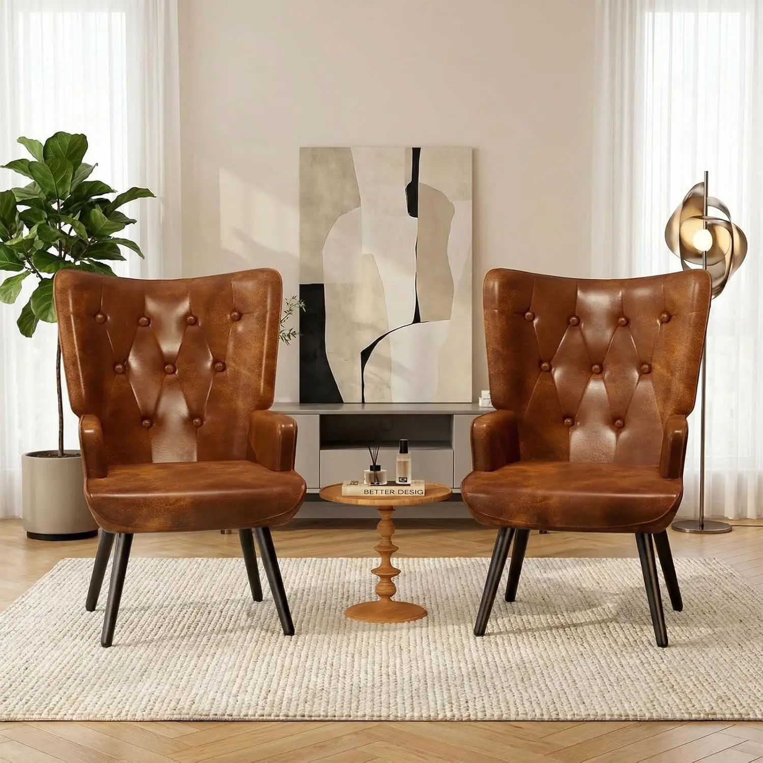 Arlopu PU/Teddy Fabric Accent Chair, Comfy Upholstered Armchair with Metal Legs, High Backrest Living Room Chair, Wingback Chair Mid Century Modern for Living Room/Vanity/Bedroom, Brown/Black homeessentials