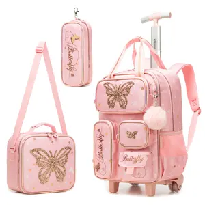 Cute Sparkly Butterfly Backpack with Wheels 3-in-1 Set | Shiny Glitter Girls School Bag with Insulated Lunch Tote & Pencil Pouch | Magical Wheeled Bookbag Gift for Kids