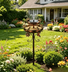 2-Tier Metal Bird Bath & Bird Feeder with Solar Powered Fountain Pump, Freestanding Standing Birdbath Bowl with Sunflower & Butterfly Decor, Outdoor Garden Yard Backyard Bird Waterer & Feeding Station