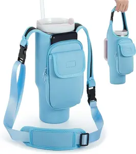 Insulated Neoprene Carrier  for 40/30oz Tumbler –  Holder with Phone & Flap Pockets, Shoulder & Hand Strap – Perfect for Travel crystal coffee ai ad purse flask bag
