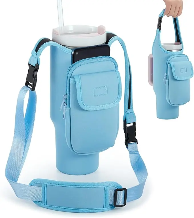 Insulated Neoprene Carrier  for 40/30oz Tumbler –  Holder with Phone & Flap Pockets, Shoulder & Hand Strap – Perfect for Travel crystal coffee ai ad purse flask bag