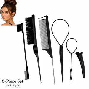 6-Piece Hair Styling Tool Set, Top Ponytail Tool, Stiff Brush, Edge Control Brush, Metal Tail Comb, Salon Hairstylist Tools