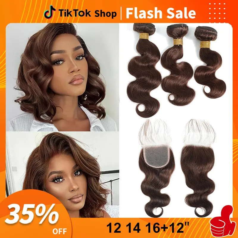 ROYAL IMPRESSION 10A Grade Light Chocolate Brown Brazilian Body Wave Virgin Human Hair Bundles with Lace Closure, Full Cuticle, High Elasticity, Minimal Shedding, 3-4 Bundles, Baby Hair for Female, Sew in Quick Weaves