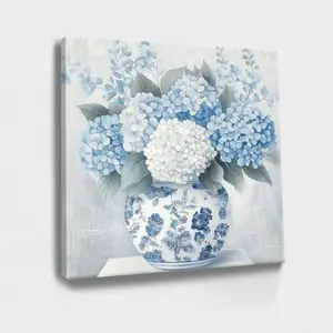 Blue Wall Art Blue And White Vase, Floral Pattern, Textured Flowers - Botanical, Impressionistic, Colorful, Textured Style, Wall Decor Poster for Room, Wood Framed Canvas Painting Photo Ornaments Artwork Gifts 1pc