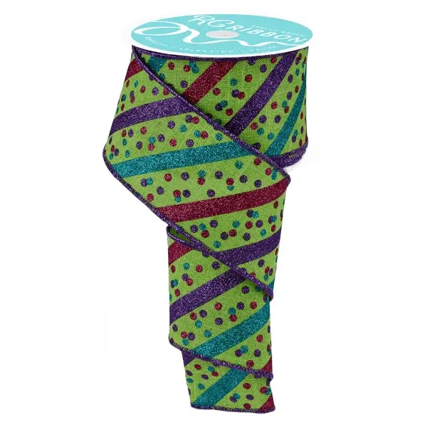 2.5" x 10yd Glitter Stripe Ribbon with Confetti Dots – Lime Green, Purple, Hot Pink, and Teal