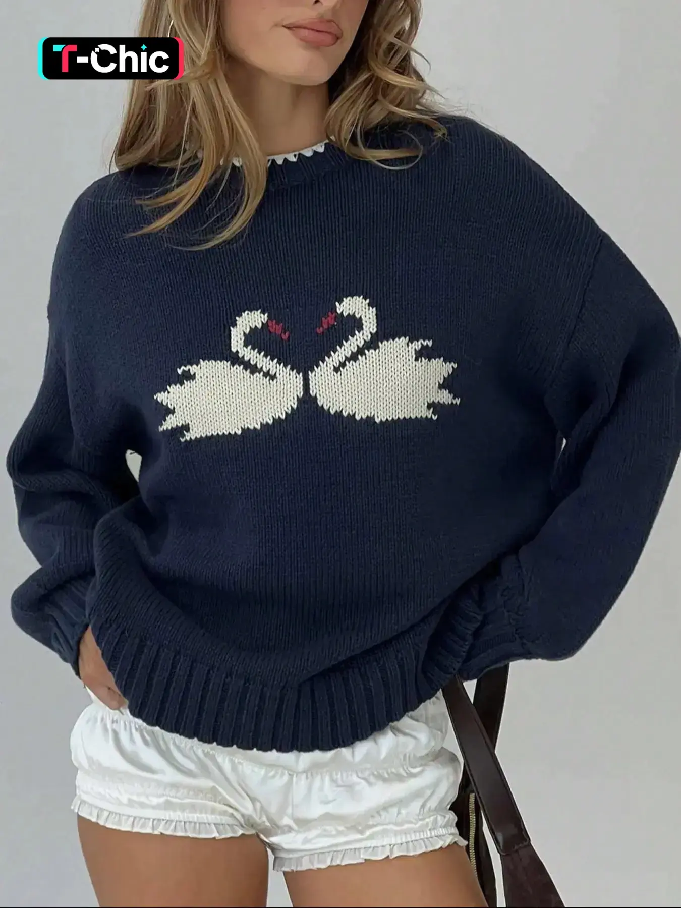 Knit Sweater Top Graphic Swan Pattern Crew Neck Long Sleeve Soft Knit Pullover Casual Loose Oversized Cozy Fall, Autumn Knit, Winter Trendy Womens Chic Street Style Relaxed Fit Jumper