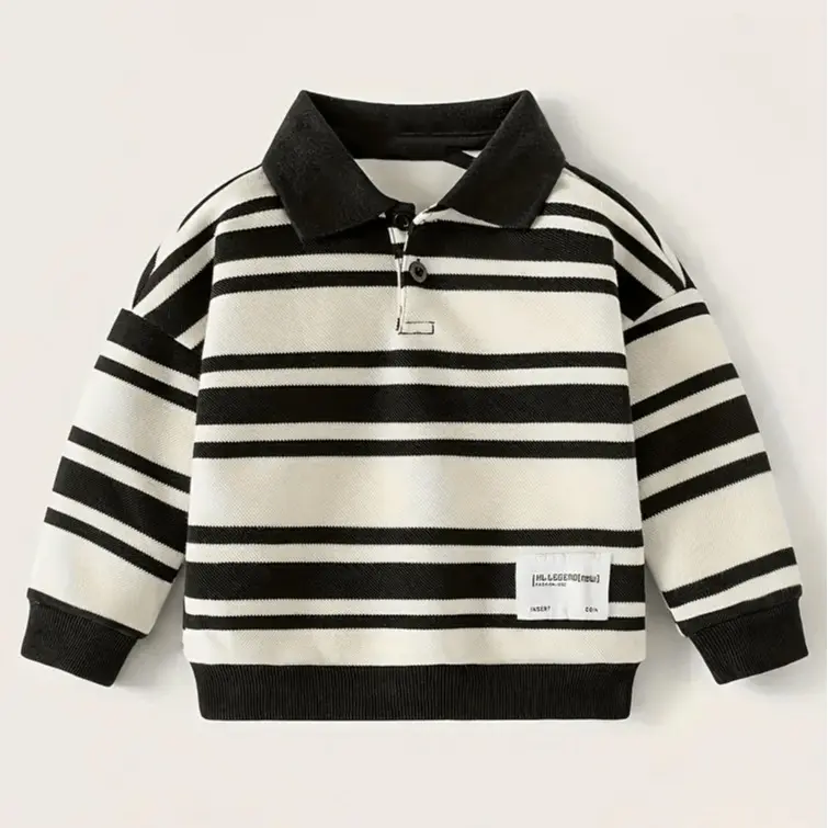 Boys' Polo Neck Sweater with Bold Black and White Stripes - Comfortable & Stylish Sporty Look for Young Fashionistas