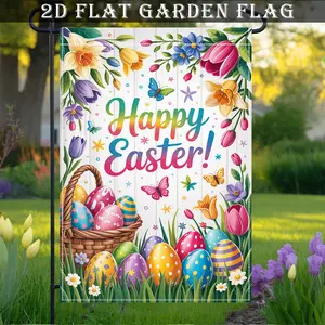 Happy Easter Garden Flag - Outdoor Yard Decoration with "Happy Easter" Text, Floral Easter Eggs, Spring Flowers - All-Weather Polyester Banner, Suitable for Easter Egg Hunts, Easter Baskets - Easter Party Decor,No Flagpole, 12x18 Inch