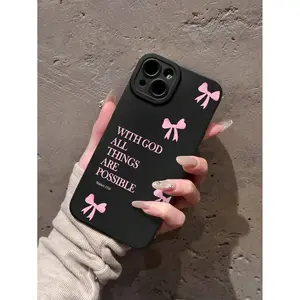 1pc Minimalist Pink Girly Bow Slogan Black Cat Eye Full Coverage Phone Soft Case, Compatible With IPhone 11/12/13/14/15/16 /17Pro Max