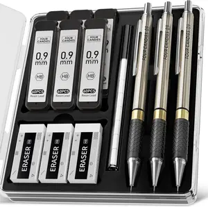 Metal Mechanical Pencil Set - 3PCS 0.9mm Art Mechanical Pencils & 360PCS HB Lead Refills & 3PCS Erasers & 9PCS Eraser Refills, Drawing Mechanical Pencils for Writing, Sketching/With Case