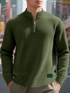 Men's Casual Loose-Fit Jacquard Knit Pullover Sweatshirt, Stand Collar Half-Zipper Design, Spring & Fall Fashion Knitwear for Men