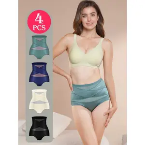 4pcs Women's High-Waisted Tummy-Control Underwear - Ice Fiber Shapewear with Hip-Lifting Butt Lift, Breathable Seamless Panties for Postpartum, Gym & Casual Attire - Non- Colorblock design (4pcs)