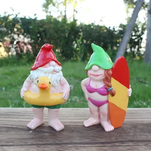 Dwarf Resin Ornament, 1 Box Cute Dwarf Holding Swimming Ring & Surfboard Decoration, Home Decor for Garden, Tabletop, Vacation Style Home Decoration