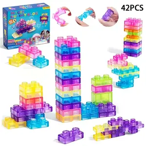 42-Pcs Sensory Soft Building Blocks, Montessori Squeeze and Stack Toy Set for Ages 3+, Squeezable and Stretchable Early Learning Construction Playset, Creative Puzzle Blocks, Jelly Blocks, Educational Building Toys for Kids.