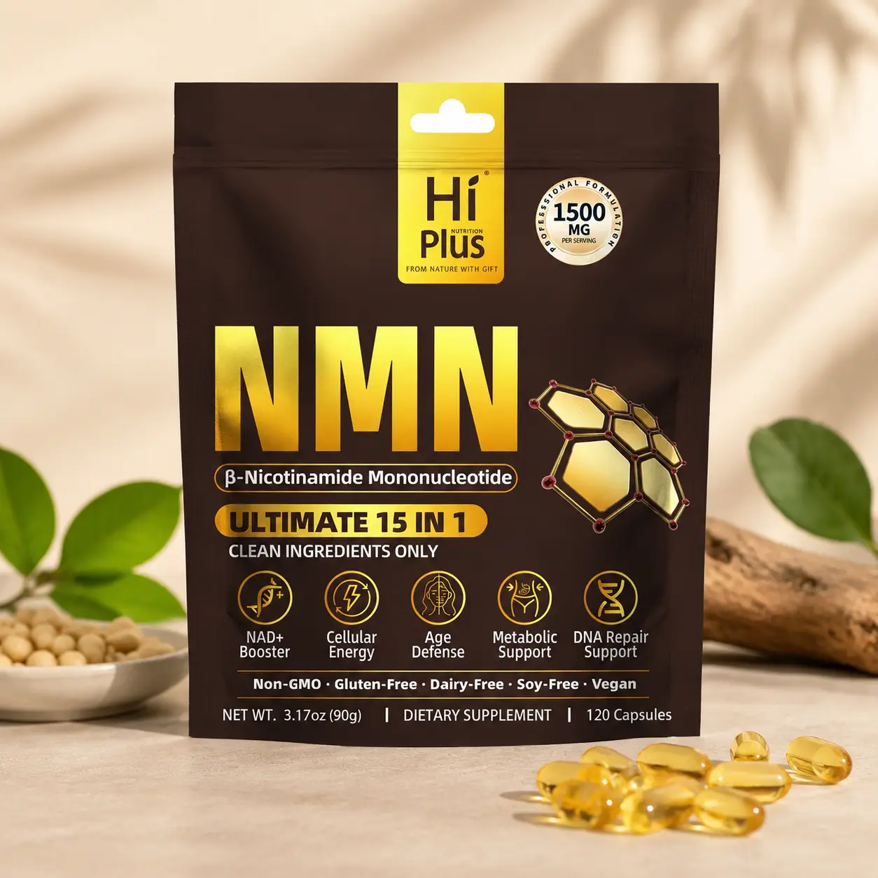 HiPlus NMN Complex Nutritional Supplement - 1500mg Per Serving, 15-1 Formula with 500mg NMN, Vitamin C, TMG, CoQ10 Antioxidant Support