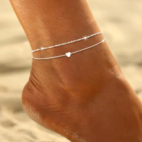 1Pcs Stainless Steel Initial Ankle Bracelets for Women Layered Dainty Heart Anklet Beaded Anklets for Women Waterproof Plus Size Ankle Foot Chain Summer Essentials Jewelry