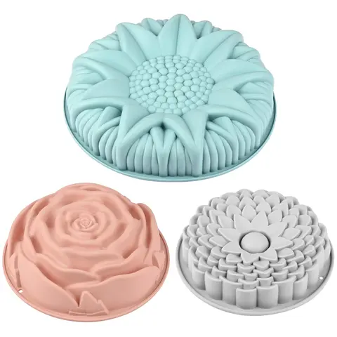 3 Pack Flower Shape Silicone Cake Molds, Large Round Silicone Molds for Baking Cake, Breads, Pies, Tarts, Jello(Rose, Chrysanthemum, Sunflower) Birthday Pan