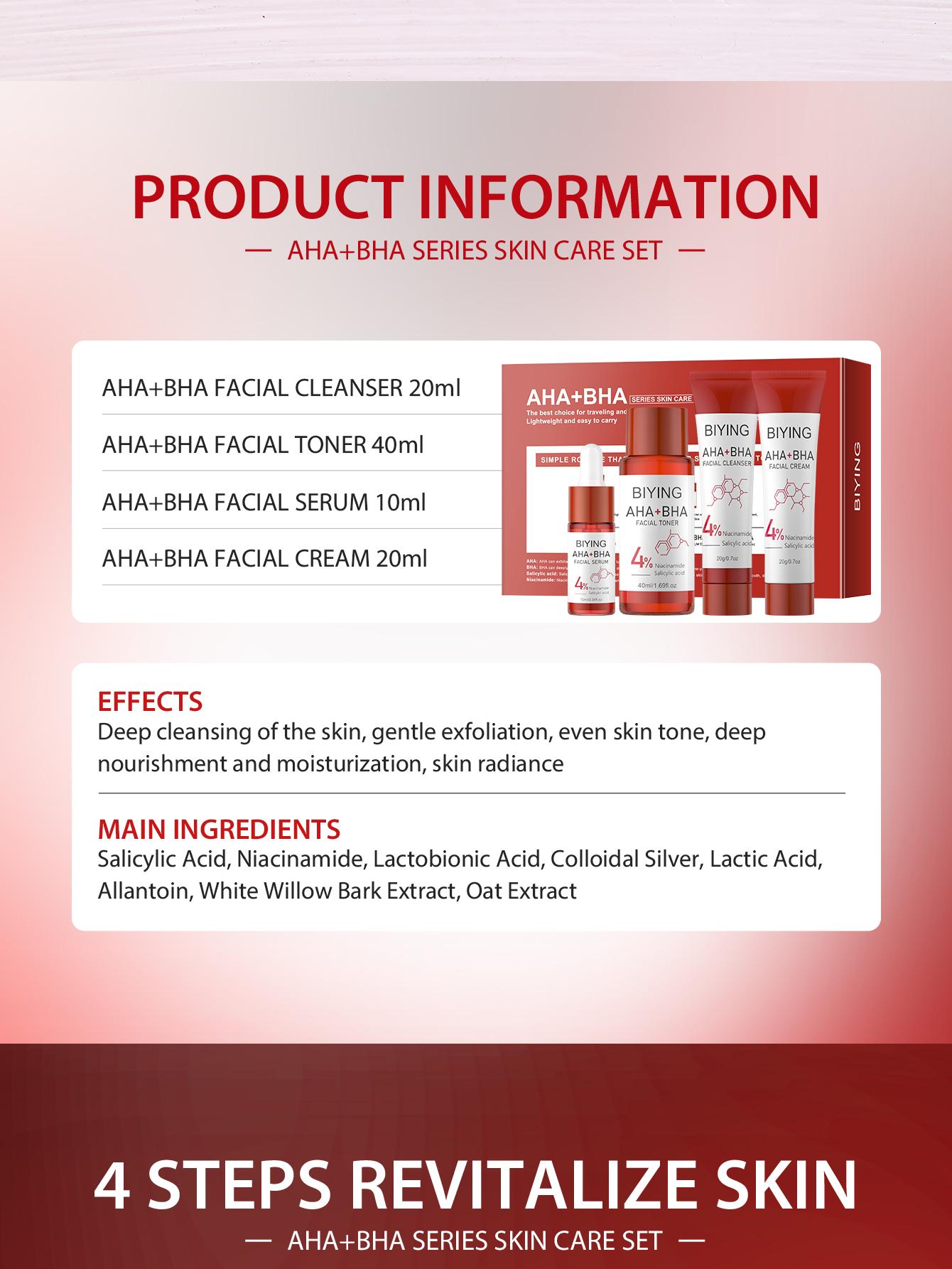 4-Piece AHA BHA Travel Skincare Set | Gentle Exfoliating Routine - Cleanser, Toner, Serum & Moisturizer For Women & Teens, Korean Hydrating Daily Facial Care Gift Set Moisturizing