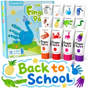 JUPITEARTH 28 PCS Finger Paint, Washable Paint for Todllers 1-3, Non-Toxic 12 Vibrant Colors (2.1fl oz/60ml ) , Palette, Apron, Brush, Eye Stickers, Baby Safe Paints for Hand and Feet, Safe Preschool Art Supplies for Kids