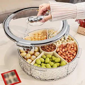 6 Compartment Round Fruit Plate with Lid, Living Room Tea Table Home Use, Detachable Snack Dish, High Aesthetic Candy Tray, Snack Containers