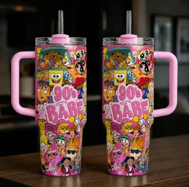 [Gift Box & Straw] 40oz, 20oz 90s Retro Cartoon's Collagê's Print Stainless Steel Tumbler with Handle and Straw Vacuum Insulated Travel Mug Fits Car Cup Holder Cool Gift for 90s Cartoon Fans