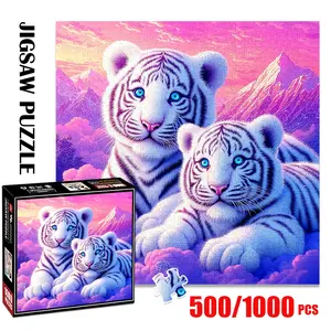 1pc 1000 piece adult puzzle 58x58cm Two White Tigers with Blue Eyes in Dreamy Mountain Landscape 500 pieces of paper puzzle Jigsaw Puzzles, suitable for adults and families, large-scale DIY puzzle interactive toy