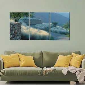 3 Piece Modern Minimalist Framed Canvas Wall Art, Sunny Forest Landscape, Office Decor, Natural Wood Frame, Glossy Finish, Triptych