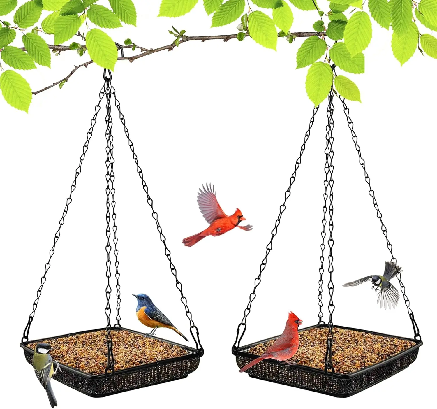 Hanging Bird Feeder Tray Metal Mesh Platform Seed Feeder with Durable Chains for Outdoors Garden Great for Attracting Birds (2 Pack)