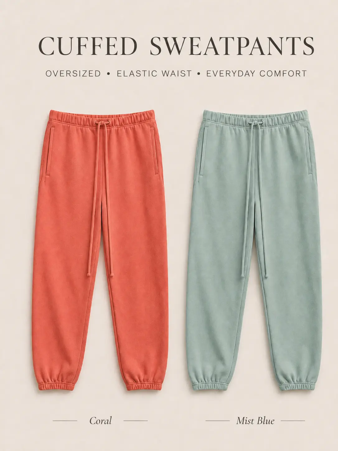 Oversized Baggy Sweatpants for Men, Cuffed Joggers with Long Drawstring & Pockets, Soft Coral / Mist Blue Casual Streetwear Pants, Everyday Lounge & Workout Bottoms