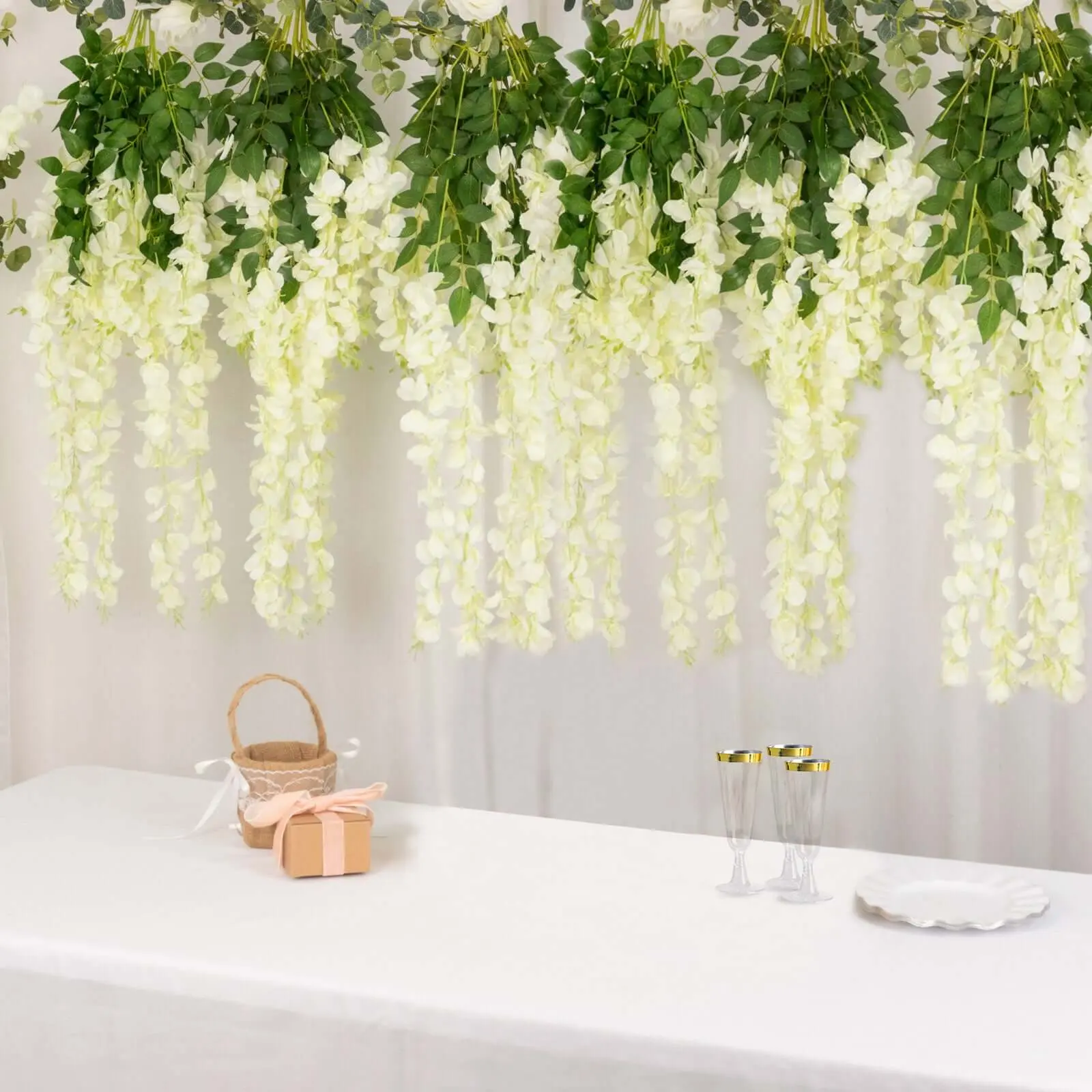 Artificial Wisteria Flower Garland Vines - 5 Packs, 44in Cream Silk Hanging Decorative Floral Decor, 3 Strands per Bush, Home Decor Ornaments (Hanging Faux Blooms for Keyword Alignment)