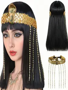 Women's Cleopatra Wig with Bangs, Short Straight Bob Design, Synthetic Material Wigs, Perfect for Halloween Costumes & Cosplay Events (wig + Headdress Included)