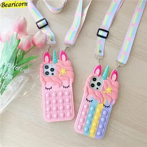 Cute Pop Fidget Toys Bubble Phone Case For iPhone 11 12 13 14 Pro X Xs Max XR 6 6s 7 8 Plus 5 5s SE Mini Cartoon Unicorn Soft Silicone Cellphone Cover