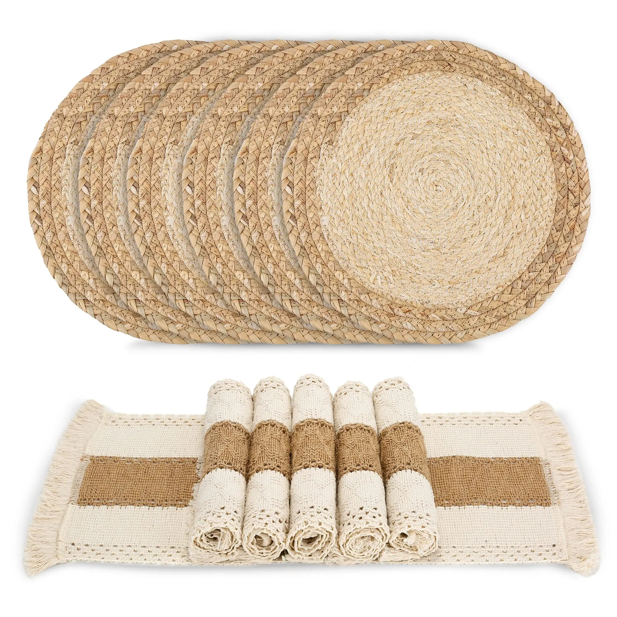 6-Piece Handmade Cotton-Burlap & Water Straw Woven Rectangle Boho Placemats, Sturdy Fabric Soft & Comfortable Kitchen Tableware, Indoor Family Meals Farmhouse Decor Accessories