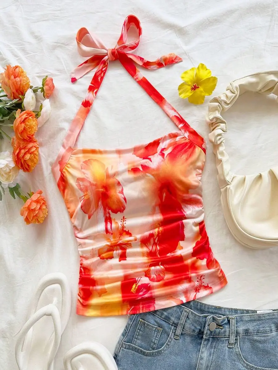 Women's Summer Boho White Floral Knitted Orange Hibiscus Print Halter Neck Ruched Waist Fitted Tank Top,No Chest Padding