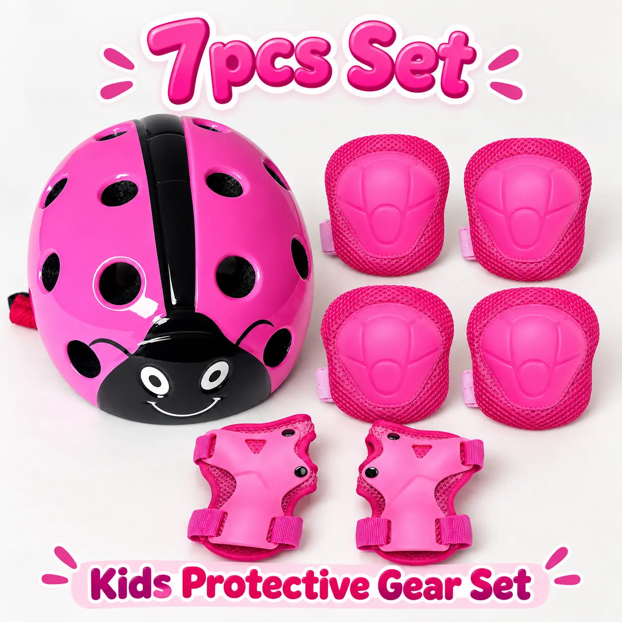 7PCS Kids Athletic Protective Gear Set - Cute Bug-Style, Cartoon Head Guard Helmet, Rounded Knee Pads, Elbow Pads, Wrist Guards, Multi-Color, Adjustable 20.5-22.4 in for Youth Athletes