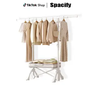 SPACIFY HOME White Adjustable Single Rod Foldable Clothes Rack, No Assembly Required, Extendable Width & Height, Portable Rolling Garment Organizer with Storage Net for Bedroom, Balcony & Laundry Room