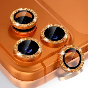 Compatible For iPhone 17 Pro,iPhone 17 Pro Max Camera Lens Protector Bling, 9H Tempered Glass Camera Cover Screen Protector Metal Ring Decoration Accessories (Glitter-Orange)
