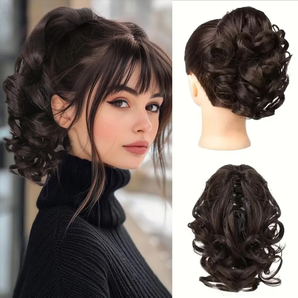 ALICOCO 9" Short Claw Clip Synthetic Hair Extension for Women, Dark Brown Curl Waves Synthetic Hair Pieces, Voluminous Crimped Jaw Clip Hairpiece