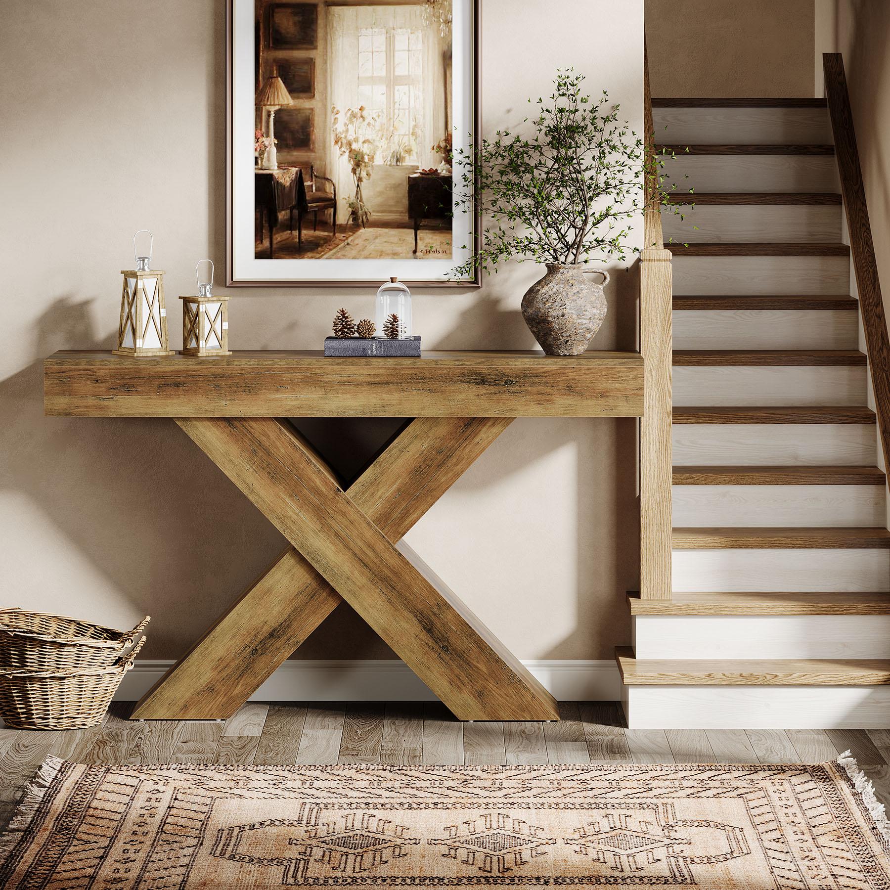 LITTLE TREE Console Table, 55-Inch Entryway Table, X-Shaped Design Narrow Console Table, Sofa Table for Living Room Foyer Hallway, Entryway, Entrance, Foyer, Industrial Wooden