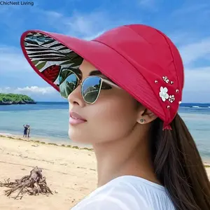 Women's Foldable UPF 50+ UV Protection Sun Visor Hat | SunSafeTok BeachTok Floral Decor Wide Brim Adjustable Hat | Summer Beach Vacation Travel Cruise Birthday Gift For Her | Lightweight Outdoor Fashion Accessory For Women