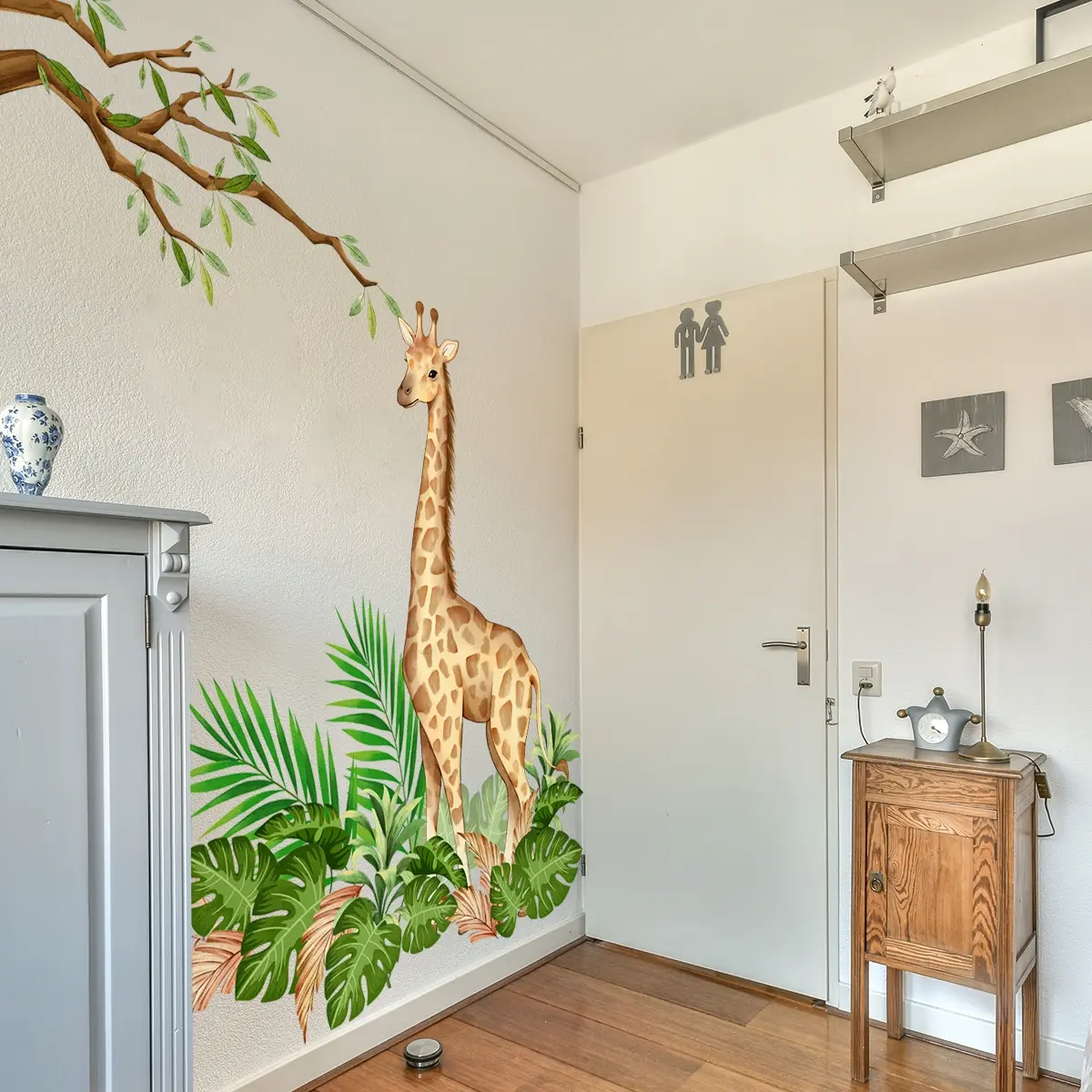 Creative Large Hand-Drawn Giraffe Wall Stickers Set, Self-Adhesive Plant Decorations for Living Room Bedroom Bathroom, 30x90cm X 4 Pcs