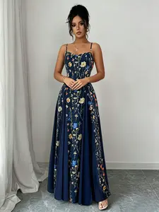 French Retro Flower Print Embroidered Dress, Waist-Cinched A-Line Skirt for Office, Date, Vacation, or Evening Gala Occasions