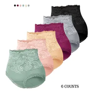 【Cotton】MORELECT 6 Pcs High Rise Women's Panties,Soft Cotton Lace Underwear,Lightweight & Breathable Everyday Panties,Tummy Shaping & Flattering High Waist Design,for All Seasons,Comfortable & Stylish