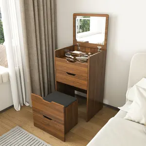 18.9"L Flip Top Makeup Dressing Table, Walnut 3-in-1 Vanity Desk with Lighted Mirror & Stool,Compact Storage for Bedroom Bathroom Dressing Room
