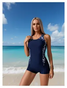 Navy Blue One Piece Swimsuit - Women's Geometric Print Bathing Suit, Sleeveless Athletic Swimwear for Swimming, Training & Water Sports, Chlorine Resistant