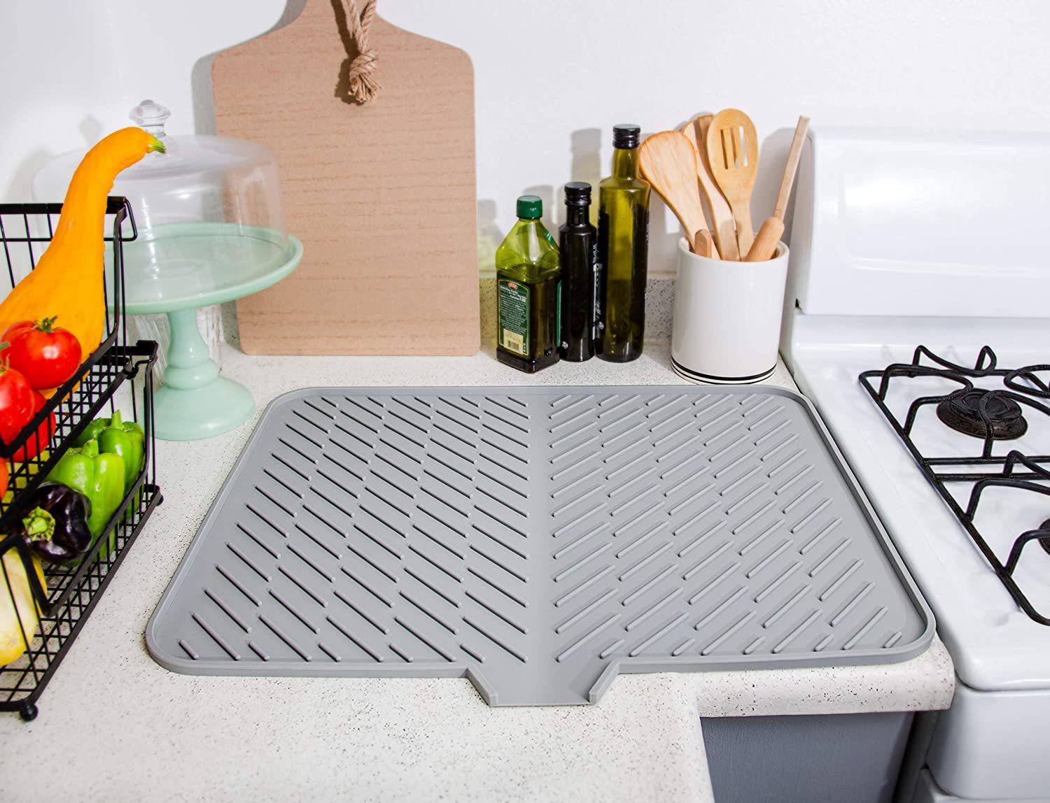 Silicone Drying Mat, 23"X17" With Built-in Drain Lip,Heat-Resistant,Eco-friendly,Hygienic Drying Pad,Leak-Proof and Non-Slip,Silicone Dish Drying Mat for Kitchen Counter or Sink（Gray 23X17）