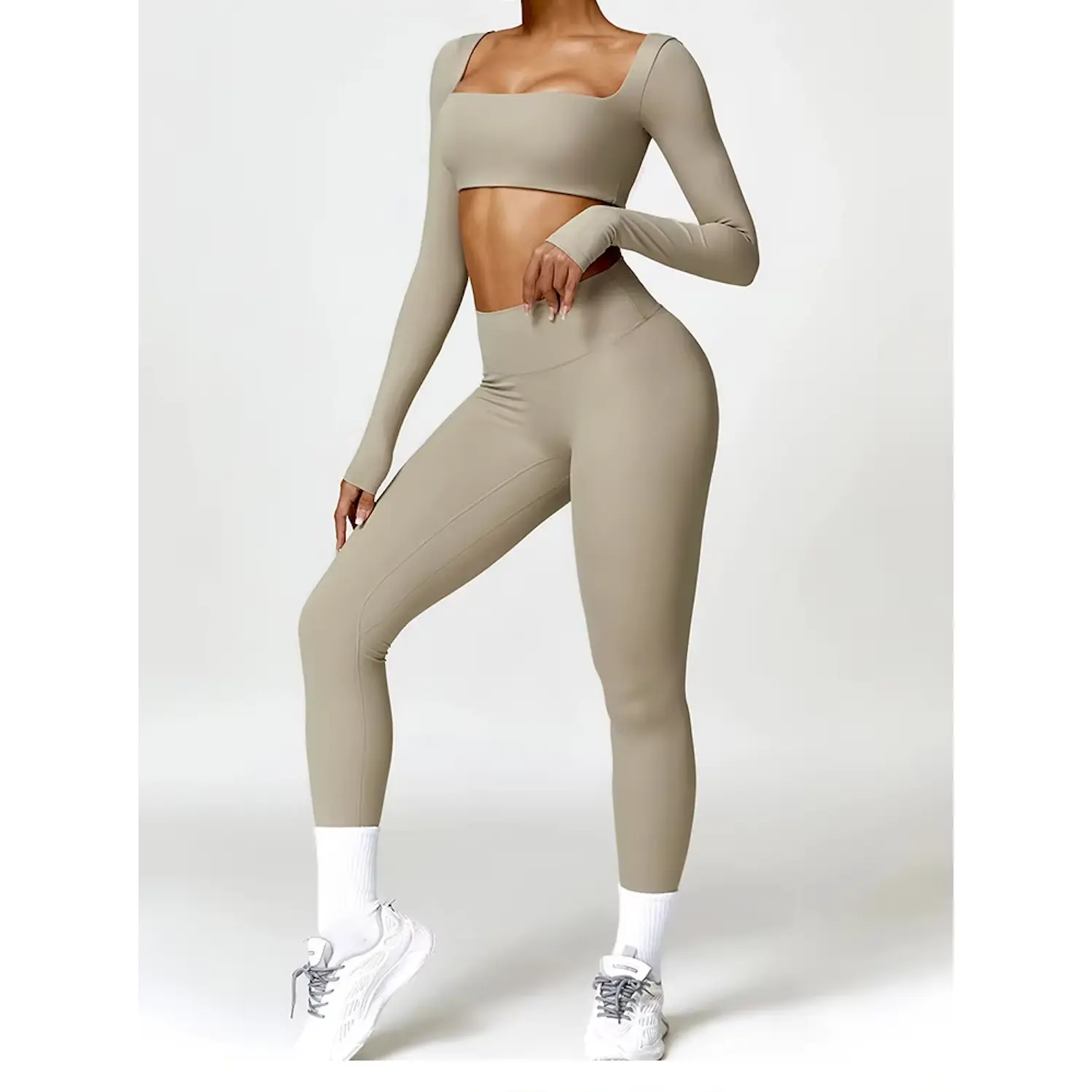 Pantera Long-Sleeve Crop Top & High-Waist Scrunch Leggings in Beige