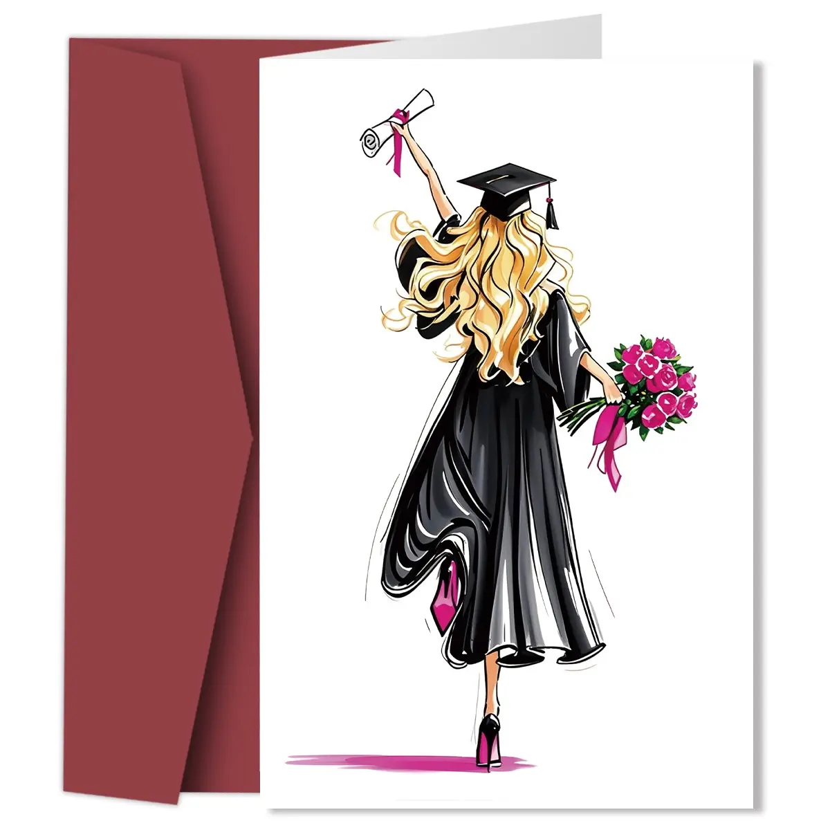Graduation Greeting Card Set, Vertical Cards, Grad Party Invitations & Envelopes, High School College University Decorations, Perfect Gift for Her