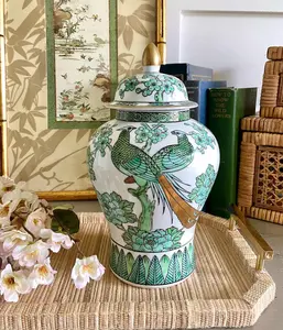 Vintage Green Imari Ginger Jar, Vintage Peacock Imari, Bookshelf Decor, Chinoiserie, Grandmillennial, Vases, Temple Jars, Porcelain Jars